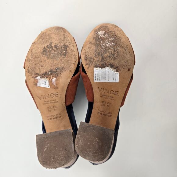 Vince Sample Open Toed Booties Navy Brown Stacked Heel Fall Italy Women 6M - Picture 9 of 10